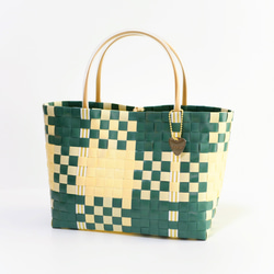 ピーコックグリーン×クリームイエロー チェック ベージュハンドル M  