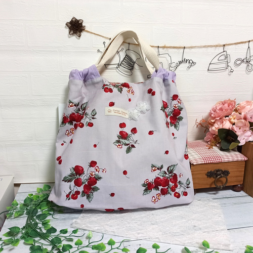 イチゴ＆チェリー♪折りマチ大容量トートバッグ エコバッグ♡ トート