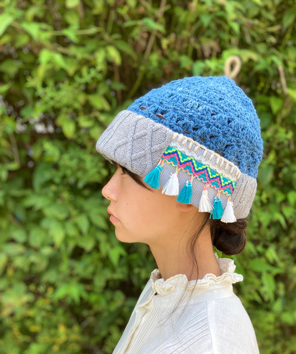 リトアニア糸＊羊の毛糸で編んだ青いニット帽子＊ブルー×グレー系  