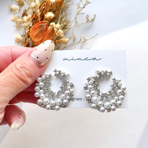 ♡ハンドメイド♡ビジューピアスイヤリング№880 ビジュー×パールの大ぶりピアス/イヤリング シルバー ピアス