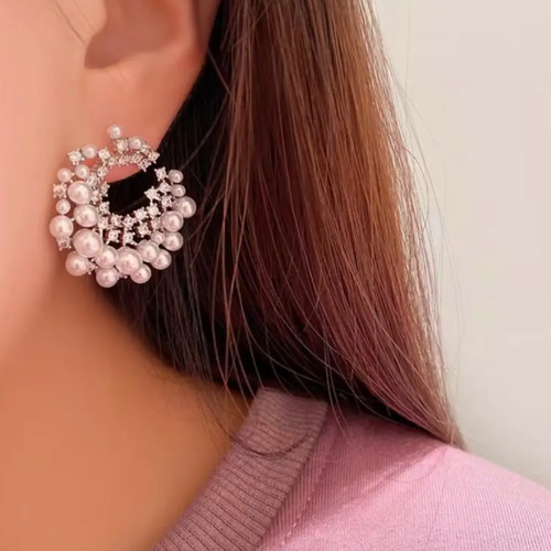 ♡ハンドメイド♡ビジューピアスイヤリング№880 516大ぶり/シルバー/ビシュー/フープ/個性的/ハンドメイドピアス