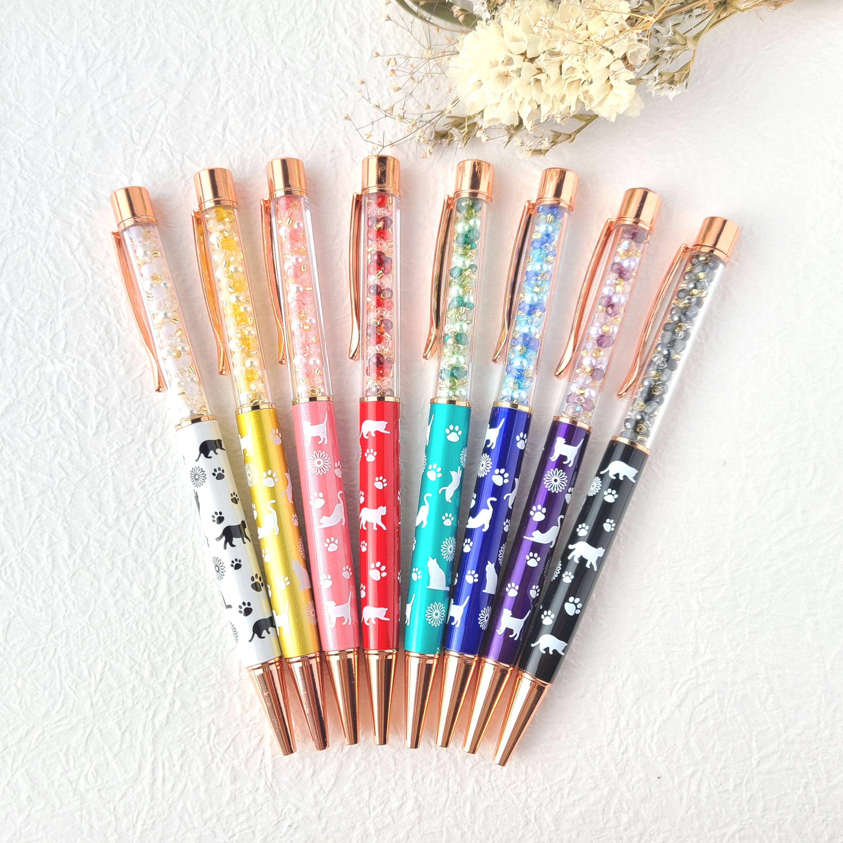N1294 / カスタムボールペン(オーロラ) 猫ちゃんビーズ 薔薇 お花 N1294 / カスタムボールペン(オーロラ) 猫ちゃんビーズ 薔薇 お花