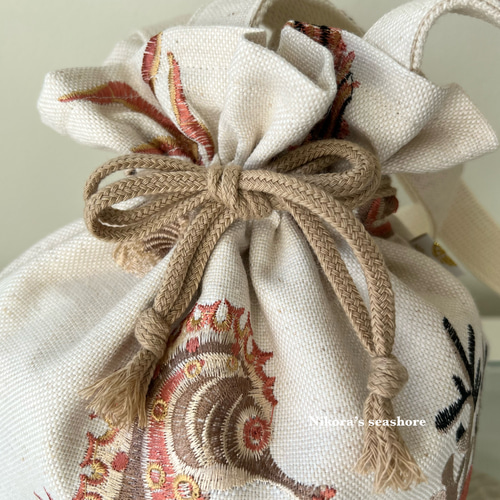巾着バッグ 27×25×12cm シーホース刺繍 シェル 巾着バッグ