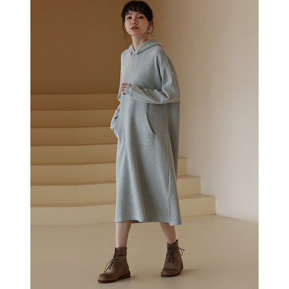 フード付きワンピース スウェットワンピース 長袖ワンピース グレー S