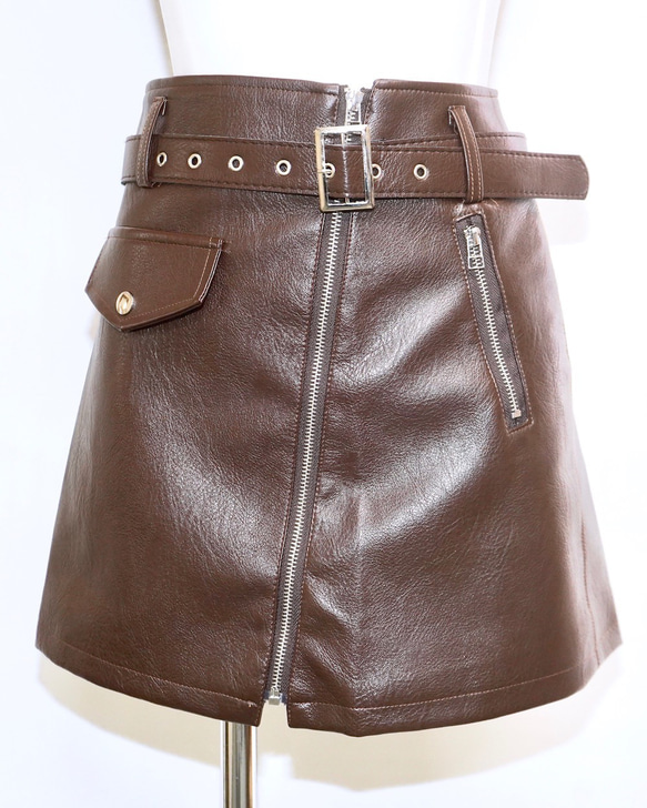 Leather Touch Mini Skirt  Belt Set brown ミニスカート ブラウン カジュアル 5枚目の画像