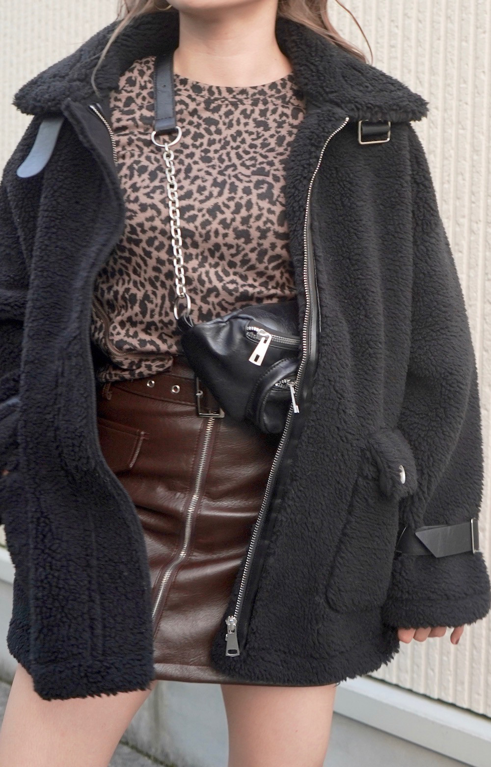 Leather Touch Mini Skirt  Belt Set brown ミニスカート ブラウン カジュアル