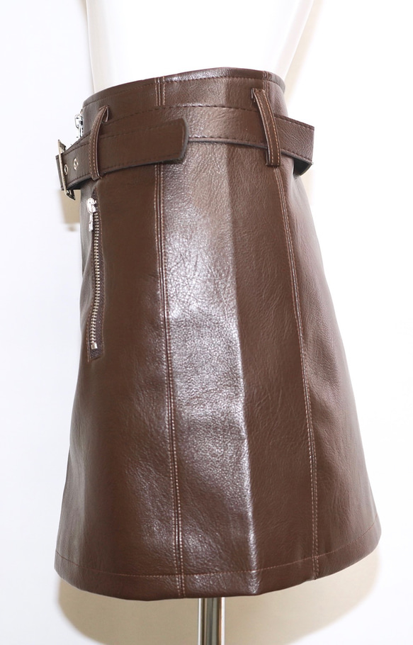 Leather Touch Mini Skirt  Belt Set brown ミニスカート ブラウン カジュアル 6枚目の画像
