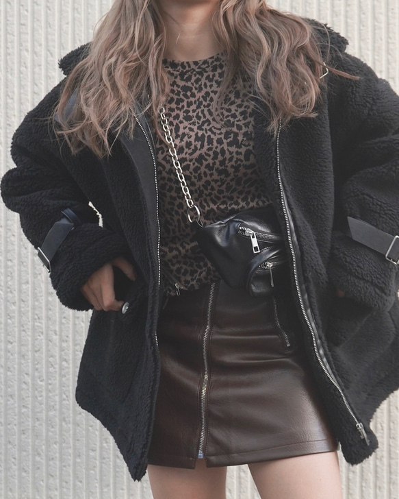 Leather Touch Mini Skirt  Belt Set brown ミニスカート ブラウン カジュアル 4枚目の画像