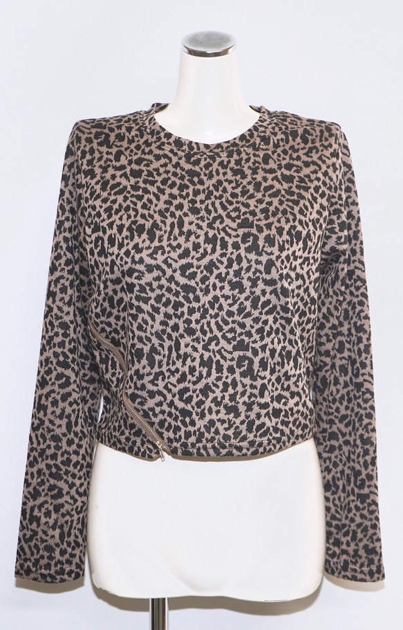 Leopard Zip Design Sweat Top (brown) Tシャツ ブラウン 茶色 カジュアル 4枚目の画像