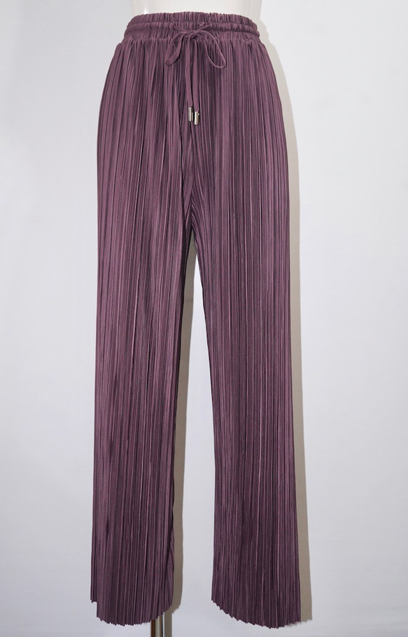 Shiny Pleats Wide Pants (dark purple) ロングパンツボルドー 赤紫 カジュアル 6枚目の画像
