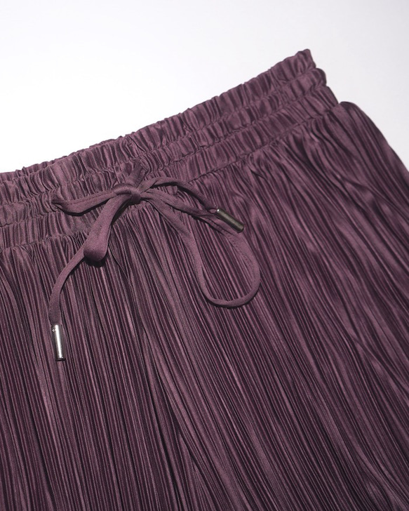 Shiny Pleats Wide Pants (dark purple) ロングパンツボルドー 赤紫 カジュアル 5枚目の画像
