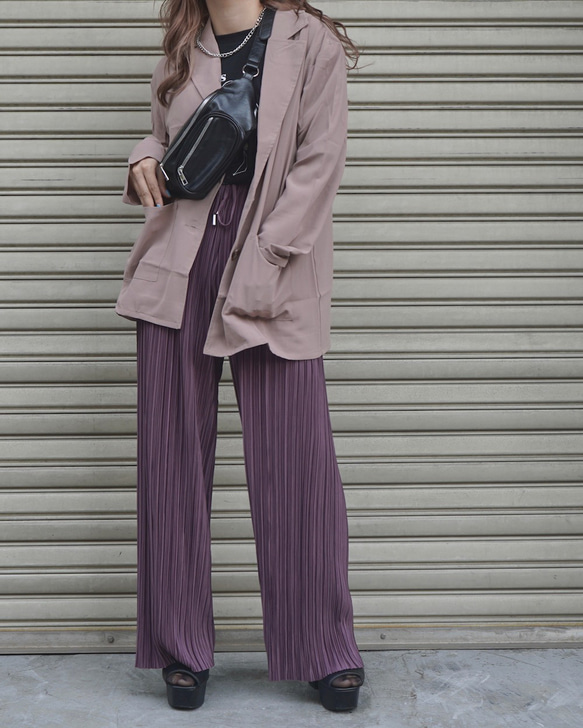 Shiny Pleats Wide Pants (dark purple) ロングパンツボルドー 赤紫 カジュアル 3枚目の画像