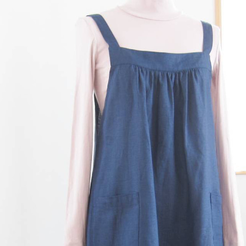 作家　ハンドメイド　リネン　エプロンワンピ　 frou frou 再販》リネン ネイビー＊エプロンワンピース ワンピース M's