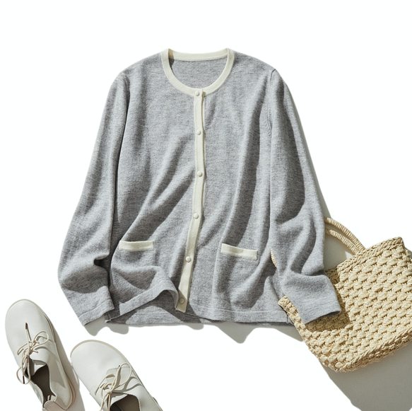 ★即納★上質ウールで大人カジュアル　メリノウール100％カーディガン　配色 230917-1 1枚目の画像