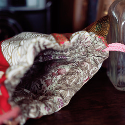 猫型の台湾花柄x絹織物mini巾着ポーチ(一点作品) 6枚目の画像