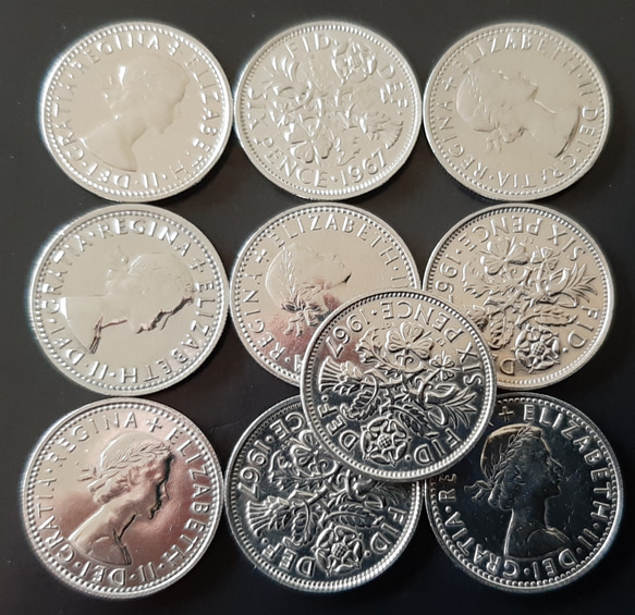 エリザベス女王の幸せのシックスペンス イギリス 10枚セット ラッキー6ペンス 本物古銭英国コイン  美品 1枚目の画像