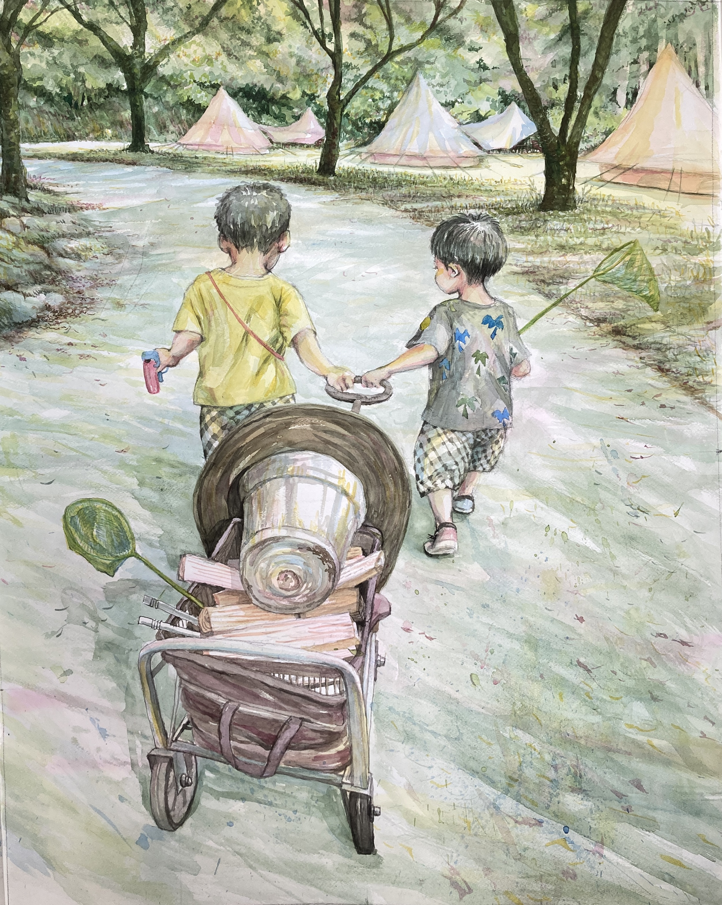 水彩画 夏の想いで 額装済み 水彩画 夏の想いで 額装済み