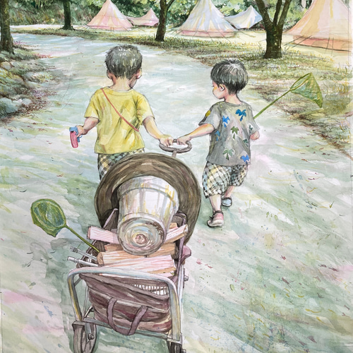 送料無料「夏の思い出」透明水彩原画F30サイズ額装込み 絵画