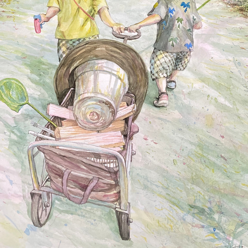 大特価 送料無料「夏の思い出」透明水彩原画F30サイズ額装込み 絵画 絵画