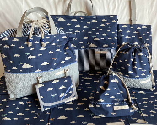 オーダーOK】入園入学セット67飛行機と雲☆手提げ上履き給食お着替え