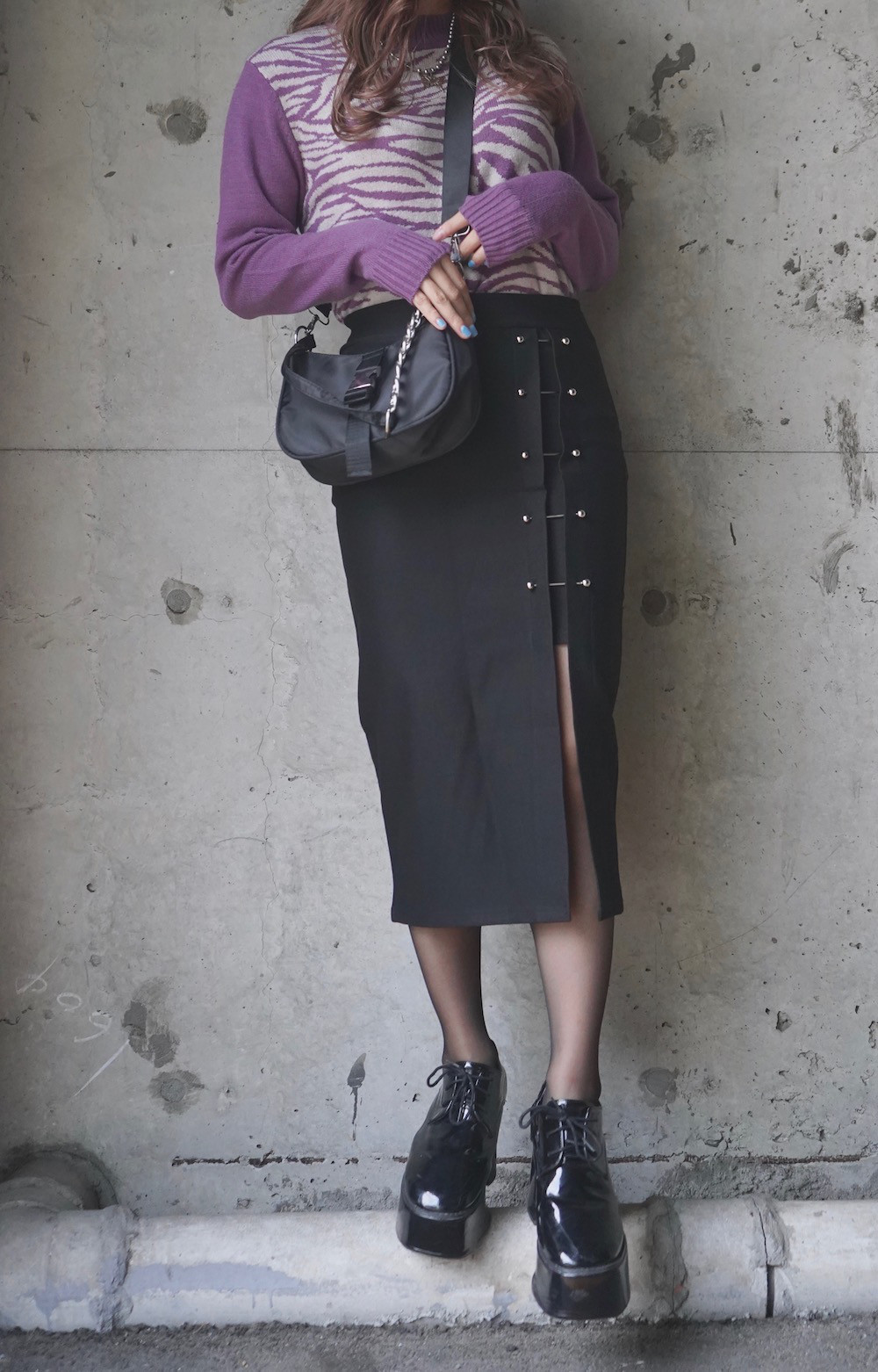 Zebra Pattern Mock Neck Knit Sweater purple ニット パープル カジュアル