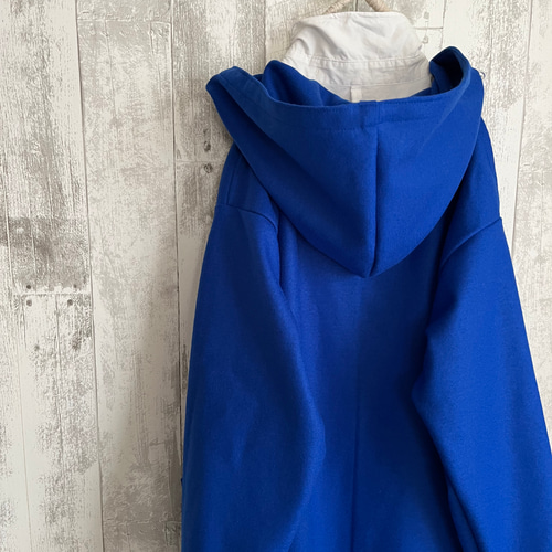 圧縮ウールニット綺麗ブルー色フードロングコート コート Kym couleur