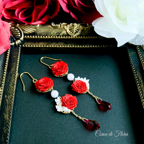 赤い薔薇とパールのゆれるピアス/イヤリング　つまみ細工　正絹羽二重　シルク　 5枚目の画像