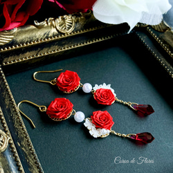 赤い薔薇とパールのゆれるピアス/イヤリング　つまみ細工　正絹羽二重　シルク　 4枚目の画像