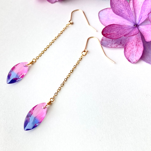 ピンク＆ブルー バイカラー ロングピアス/イヤリング 紫陽花