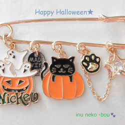 ＊送料無料＊チャリティー★Happy Halloween☆彡 wicked！カボチャの猫ちゃんブローチピン　＊ハロウィン 1枚目の画像