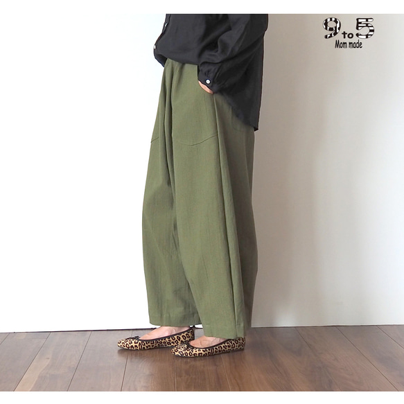 【おしゃれ】 綿麻 バルーンパンツ キュロット・ワイドパンツ （カーキ） パンツ