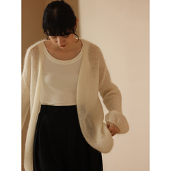 モヘア＊ウール混紡セーター　ウールカーディガン　ウール羽織り　白と黄緑色　フリーサイズ#323 1枚目の画像