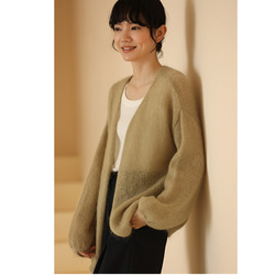 モヘア＊ウール混紡セーター　ウールカーディガン　ウール羽織り　白と黄緑色　フリーサイズ#323 13枚目の画像