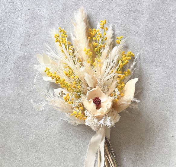 ミモザ＆かすみ草のパンパスグラスブーケ ドライフラワー ウェディング