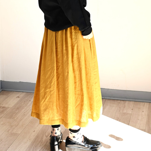 ベーシックデザインリネンギャザースカート：マスタードイエロー