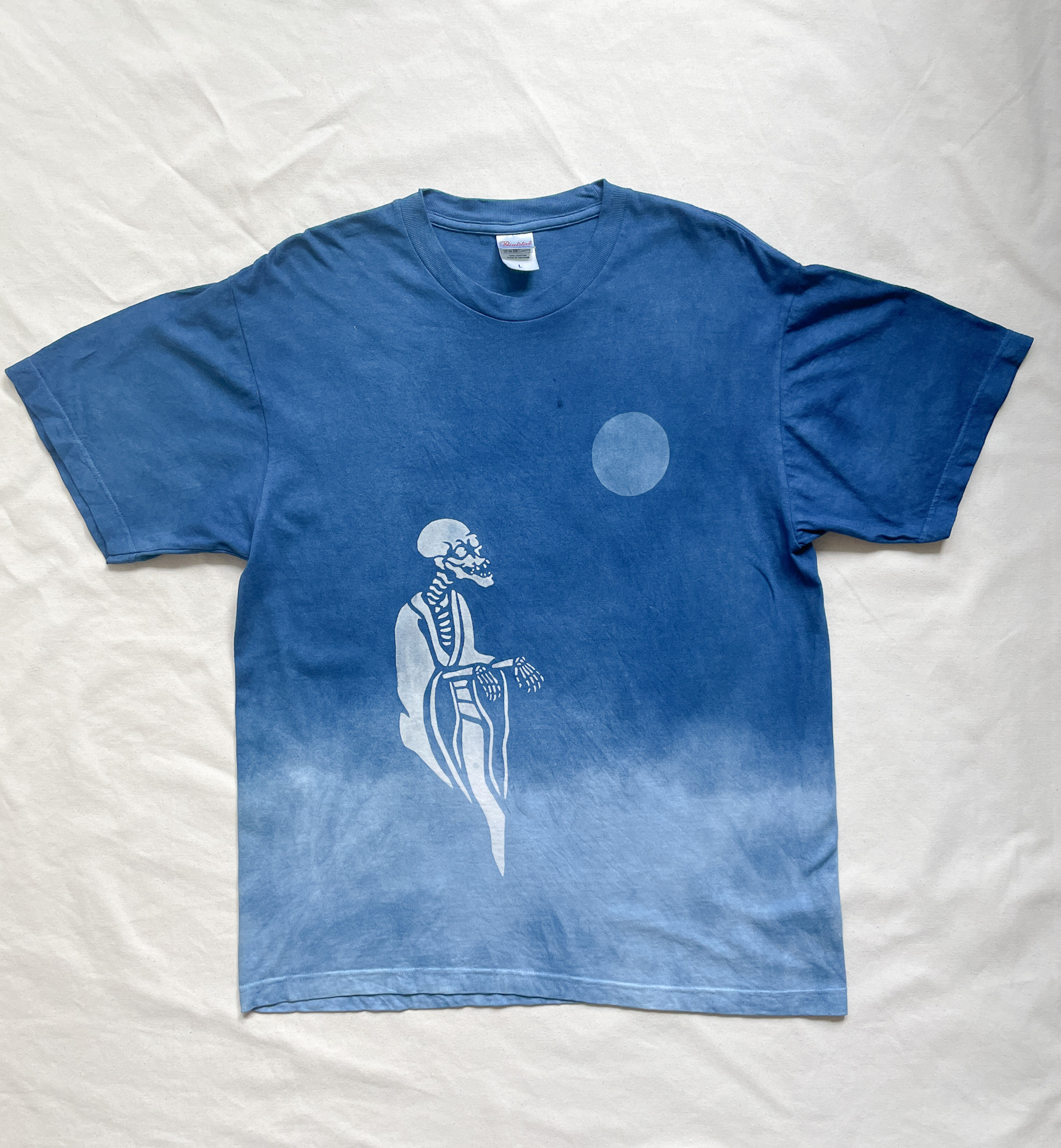 送料無料　藍染Tシャツ " 月見るとき君を想う " 満月に骸骨 絞り染め 狐火　幽霊