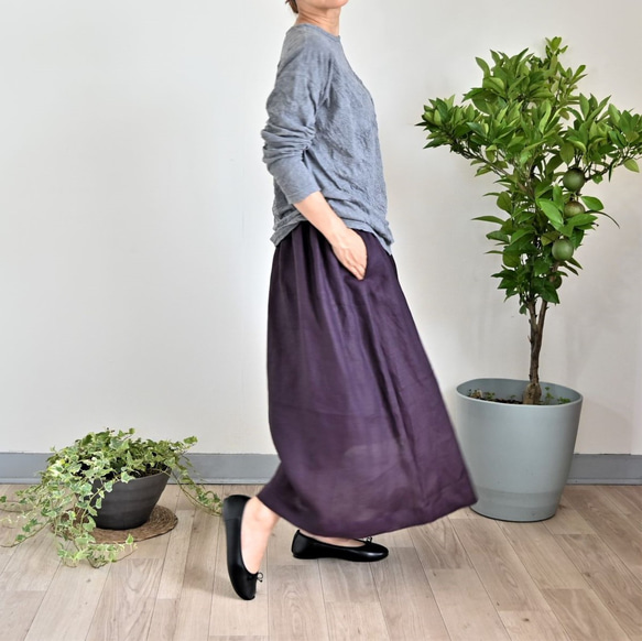 ベーシックデザインリネンギャザースカート：グレープ 1枚目の画像