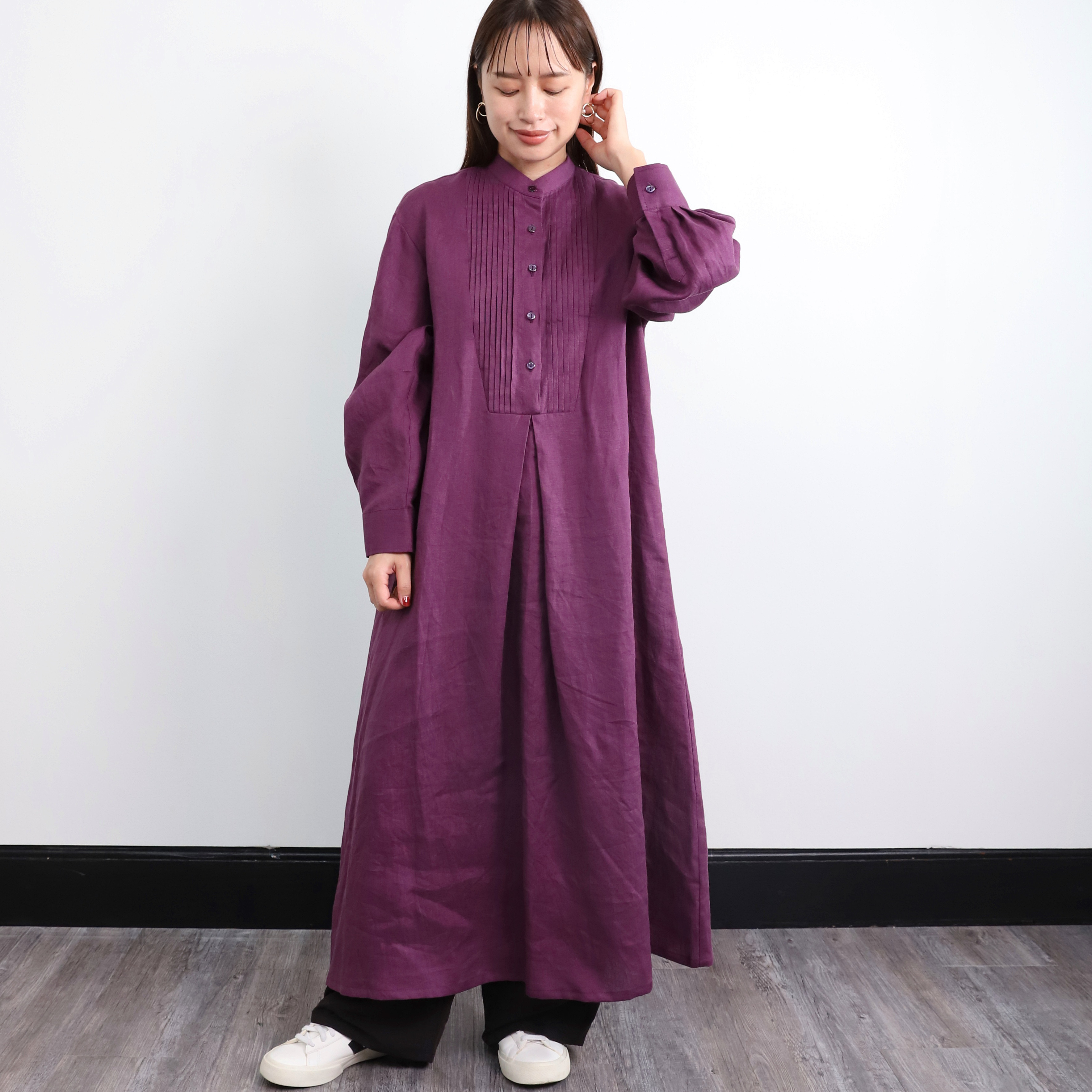 805t*美品 ピンタック シャツワンピース アップルハウス リネン混