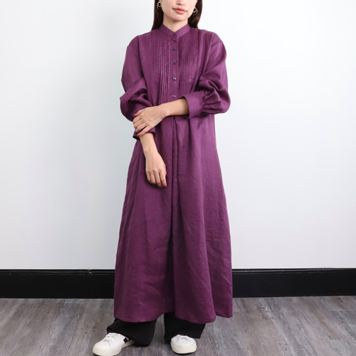 リネン ピンタック 長袖 シャツワンピース パープル 0596PP ワンピース