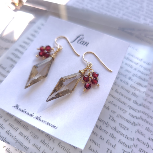 14kgfスモーキークォーツカービング・ブラックダイヤモンドピアス/イヤリング 14kgf》スモーキークォーツ 小ぶり ピアス, イヤリング/秋色 冬