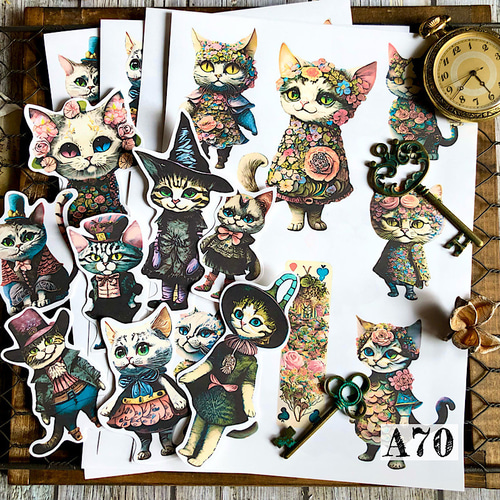 ネコと花④】コラージュ素材60点おすそ分け 猫のジャンクジャーナル