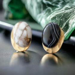 【雙耳耳環/黃銅+石頭】不對稱耳環條紋縝瑪瑙+銅方解石 第1張的照片