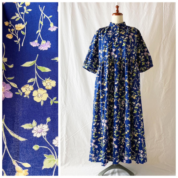 女士梅花洋裝（3/4袖）：長120cm（穿花：海軍藍） 第1張的照片