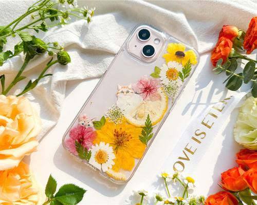 アートフラワー　詰め合わせ11ケース 茂みから様子を窺う ネコ ] 猫 押し花 ドライフラワー スマホ ケース