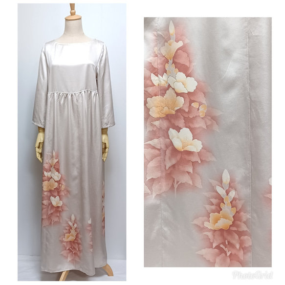 着物リメイク L ウエスト切り替え・七分袖ワンピース グラデーション花  