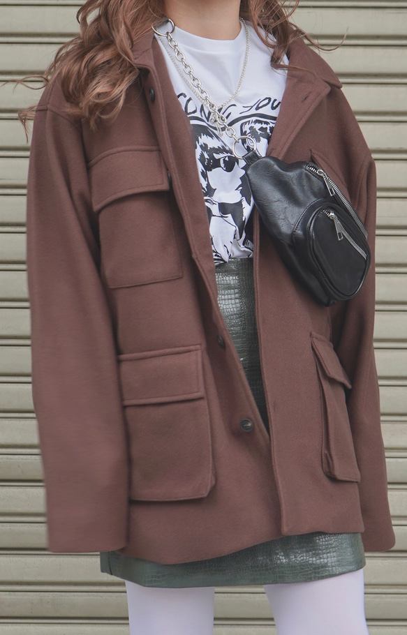 Wool Touch Oversized BDU Jacket (brown) コート ブラウン 茶色 きれいめ 2枚目の画像