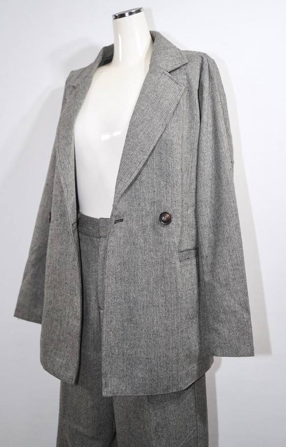 Herringbone Tweed Jacket＋Pants 2P SET UP grey セットアップ グレー 綺麗め 12枚目の画像