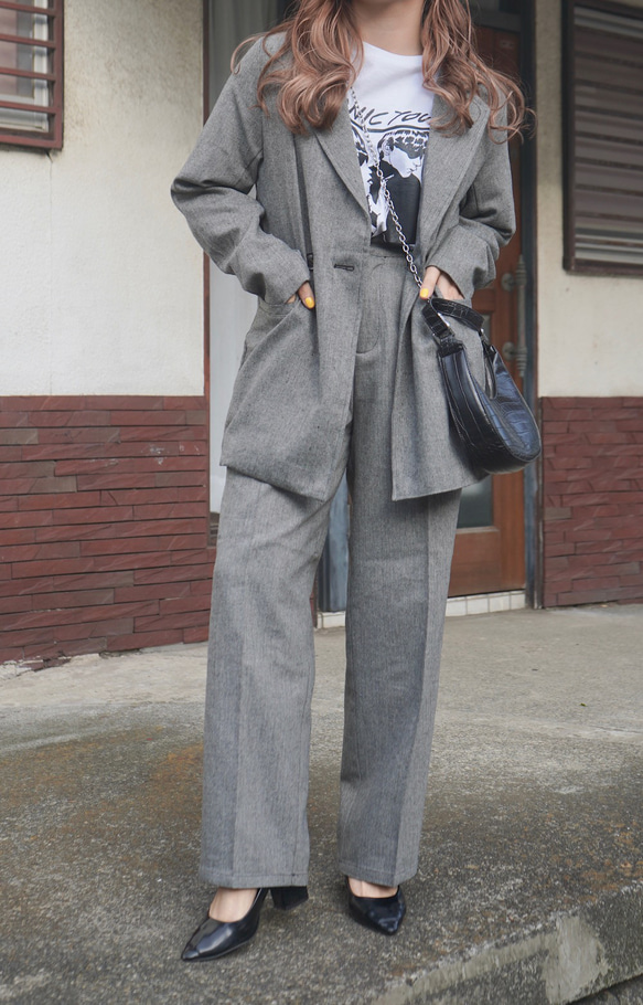 Herringbone Tweed Jacket＋Pants 2P SET UP grey セットアップ グレー 綺麗め 1枚目の画像