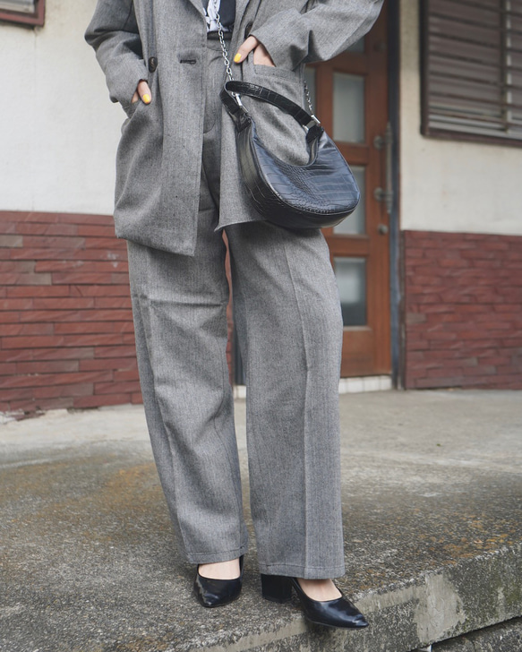 Herringbone Tweed Jacket＋Pants 2P SET UP grey セットアップ グレー 綺麗め 3枚目の画像