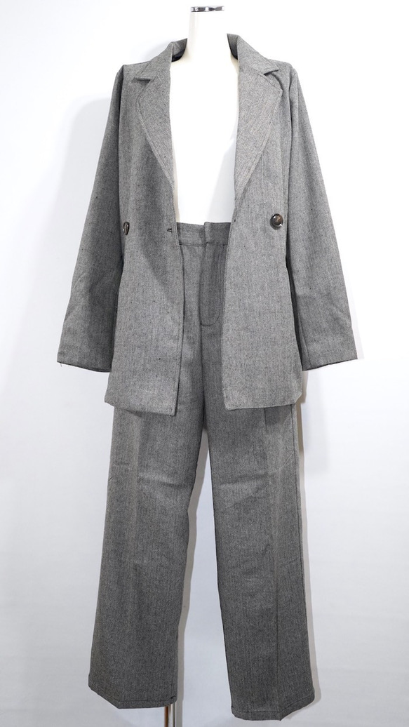 Herringbone Tweed Jacket＋Pants 2P SET UP grey セットアップ グレー 綺麗め 6枚目の画像